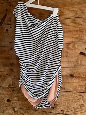 J.Crew Striped One Shoulder Ruched Swimsuit